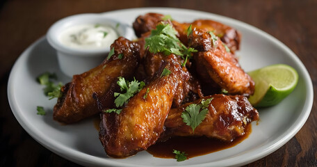 Indulge in a plate of delicious, spicy chicken wings garnished with fresh cilantro and lime, served with a creamy dipping sauce for a perfect snack.