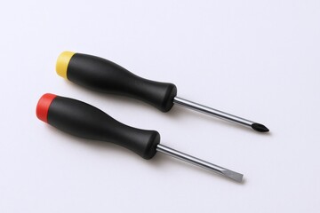 Two Screwdrivers with Black Handles and Red and Yellow Cap on a White Background, Precision Tools