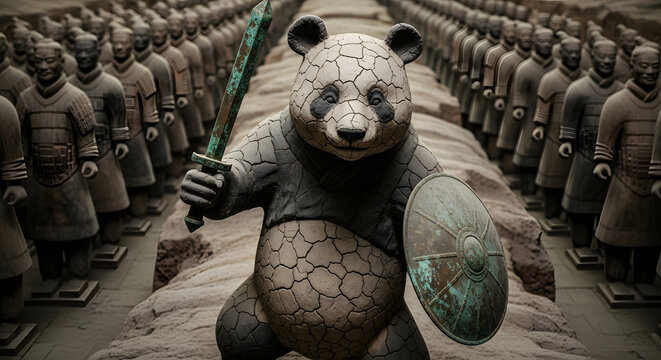 Fierce Panda Warrior Stands Guard Among an Ancient Army