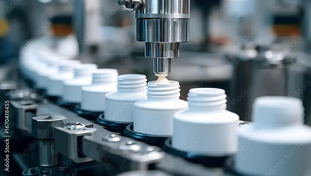 Poster this image showcases an automated manufacturing process featuring bottles on a conveyor belt, highli