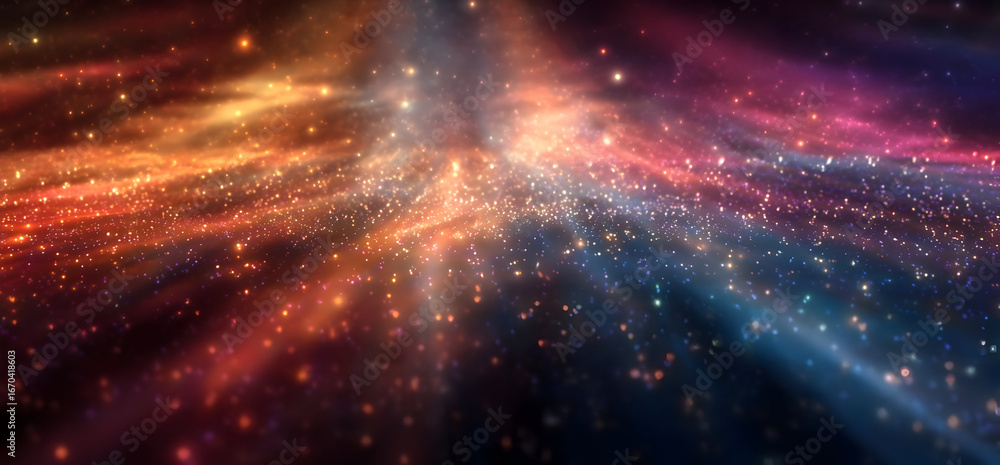 Poster vibrant cosmic background with colorful light rays and sparkling stars, representing the vastness of