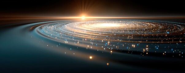 A glowing spiral galaxy with radiant stars and cosmic dust, illuminated by a distant rising light in deep space.