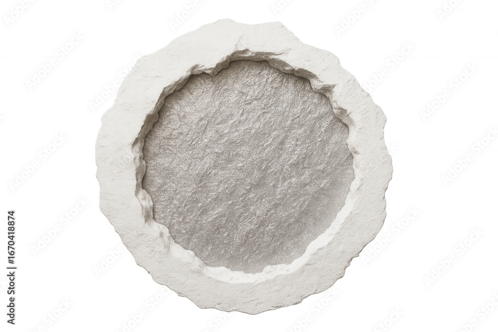 Poster white broken material creating a round frame, revealing a silver metallic surface, isolated on trans