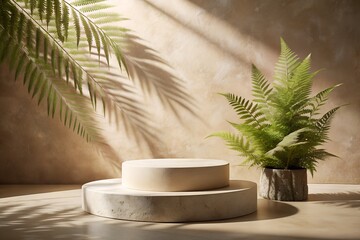 Minimalist Product Display Platform with Natural Light and Tropical Plant Accents for Beauty or Wellness Product Promotion and Advertising Campaigns