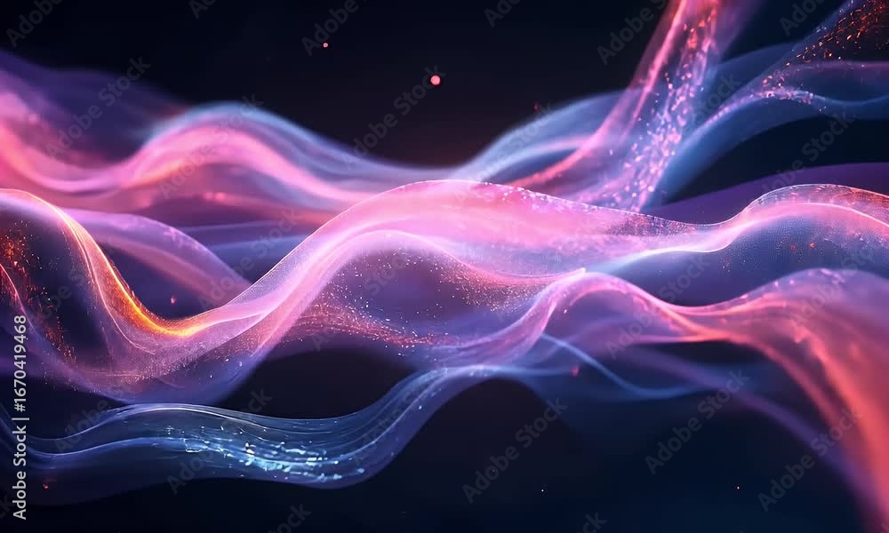Poster 3d render, abstract background with colorful glowing light waves and wavy ribbons on a black backgro