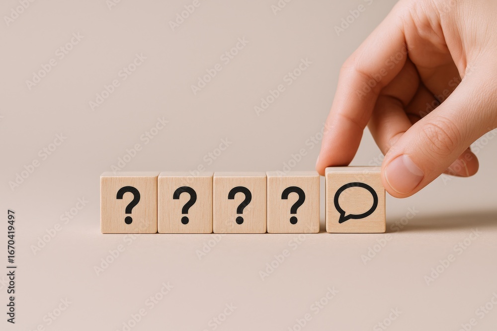 Poster concept of answers: hand placing speech bubble block after question mark blocks on beige background