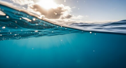 Above and below the surface of the ocean with sunlit clouds.