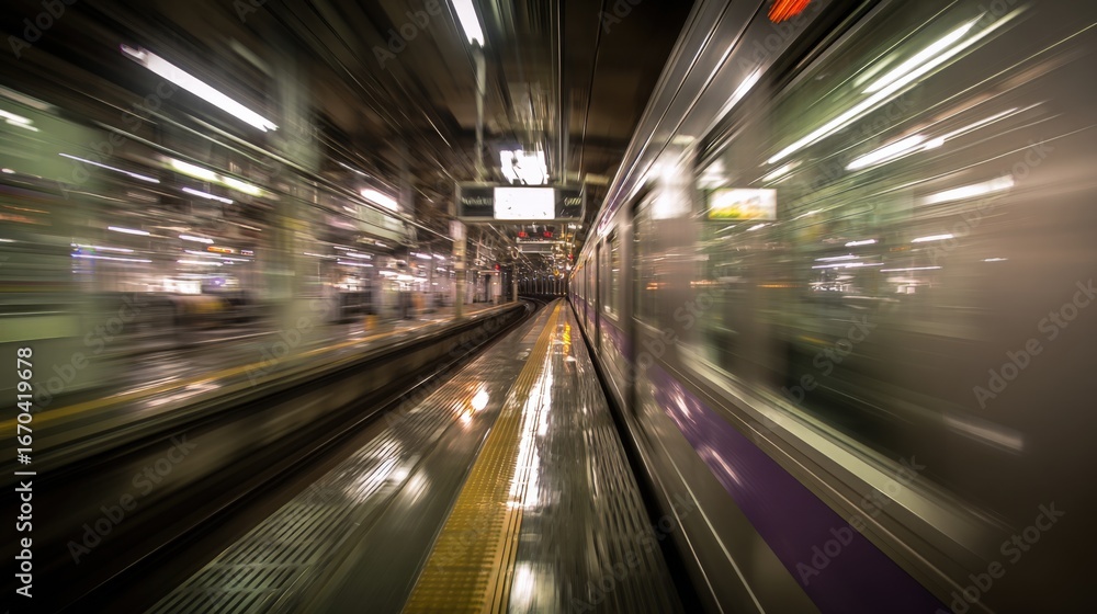 Poster fast train arriving at station platform with motion blur effect, representing speed and efficiency