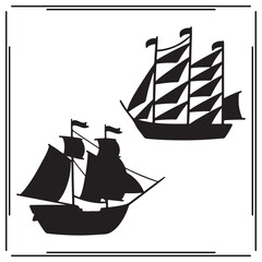 Vintage Ship Silhouettes Set - Two Sailing Ships with Multiple Masts and Flags in Black Vector Illustrations for Nautical, Maritime, and Adventure Design