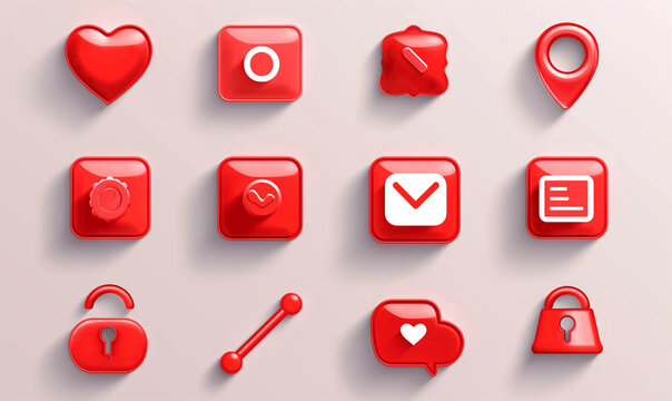 Red Glossy Icon Set with Heart Pin and Lock on Light Background
