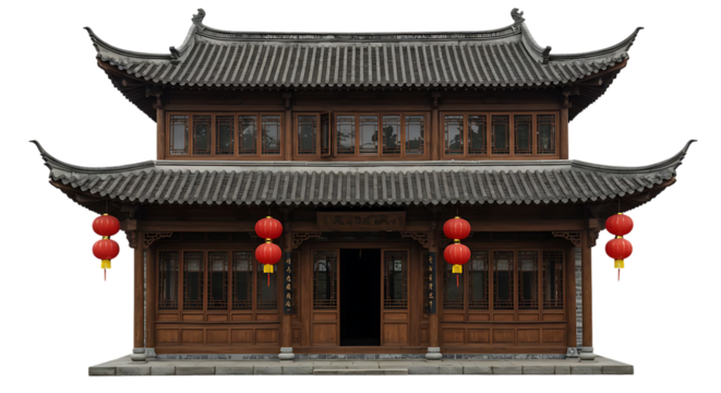 Traditional Asian Architecture with Red Lanterns on Transparent Background