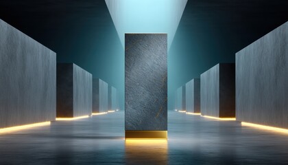 A monolithic stone structure stands illuminated in a futuristic hallway, surrounded by symmetrical blocks and dramatic lighting.
