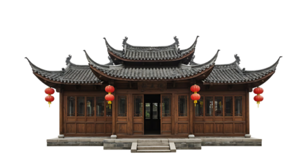 Traditional Asian Architecture with Red Lanterns on Transparent Background