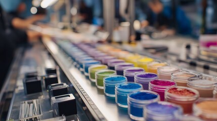 Obraz premium Workers producing vibrant eyeshadows in a bustling makeup factory, carefully organizing colorful products on a conveyor belt for thorough quality control and efficient packaging