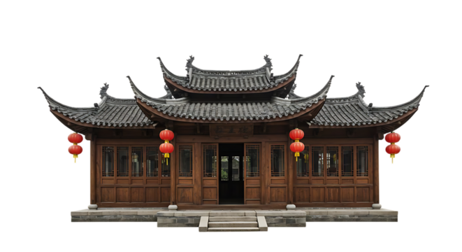 Traditional Asian Architecture with Red Lanterns on Transparent Background