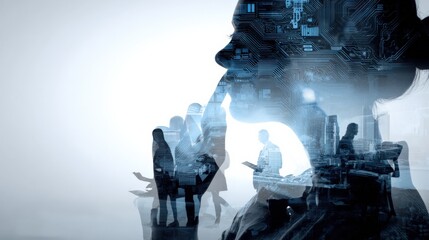 Innovative Business Solutions: Woman's Silhouette with Technology Overlay, Representing Strategic Thinking and Collaborative Teamwork in a Modern, Futuristic Context