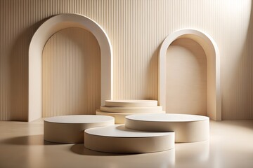 Elegant Beige Product Display Platforms with Arched Backdrops Ideal for Showcasing Cosmetics Jewelry or Other Luxury Items in a Minimalist