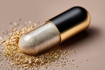 A luxurious gold and black capsule lies on a surface, spilling glittering gold powder around it.