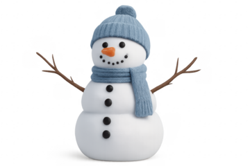 3d snowman wearing blue winter hat and scarf on transparent background