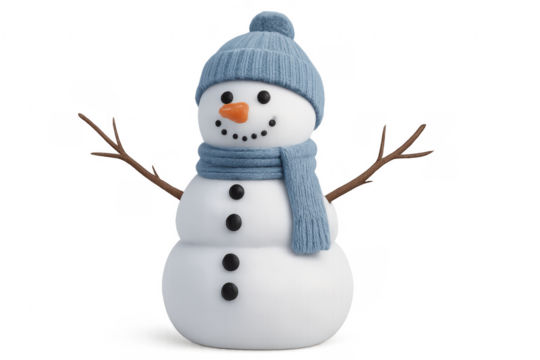 3d snowman wearing blue winter hat and scarf on transparent background