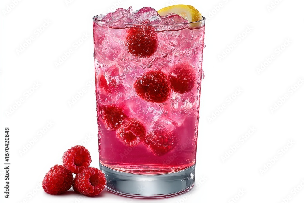 Poster refreshing raspberry lemonade cocktail with crushed ice and fresh raspberries on white background