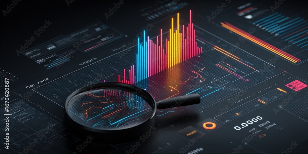 Poster data analysis with magnifying glass on financial charts and graphs, business intelligence and insigh