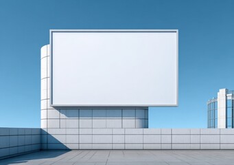 Obraz premium Blank Billboard Mockup on Building Rooftop Against Blue Sky, Ideal for Advertising and Marketing Campaigns