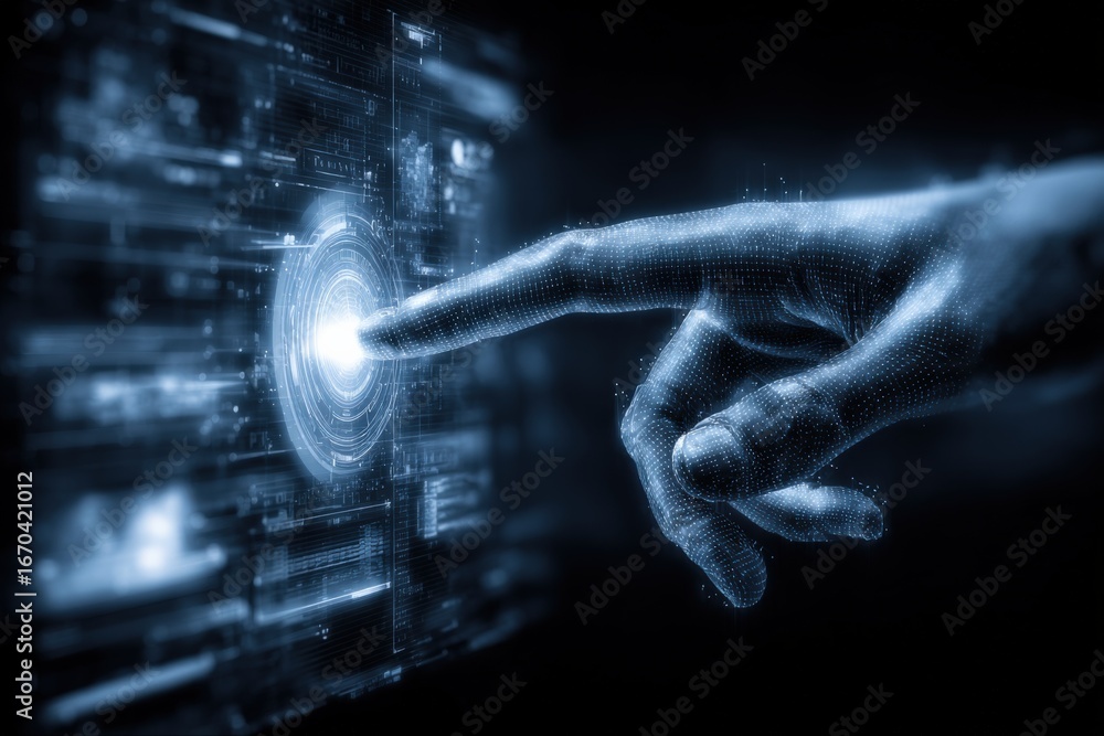 Poster abstract hand touching futuristic digital interface with glowing light effect, representing technolo
