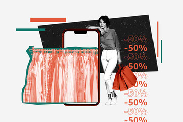 Banner artwork trend collage of happy girl hold bags stand cloth hanger big phone screen black...