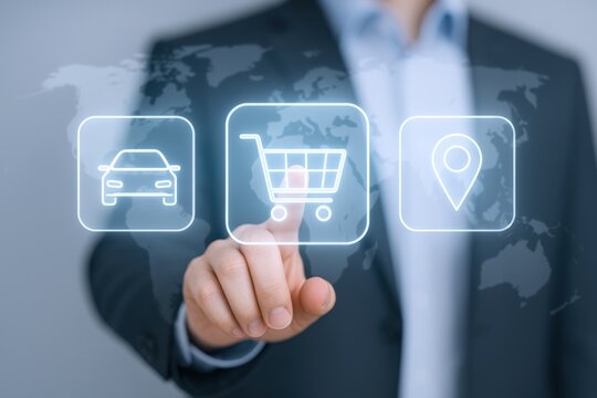 Online Shopping Experience: Man Interacting with Digital Car, Shopping Cart, and Location Icons on a Screen