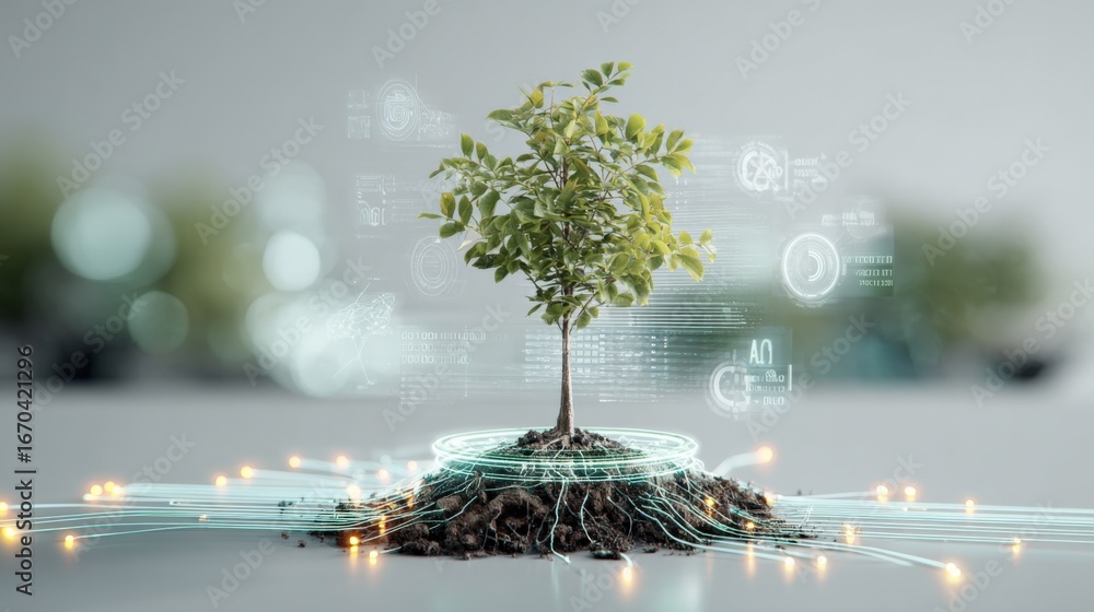 Poster young tree sapling emerging with digital data overlay: growth, technology and future concepts