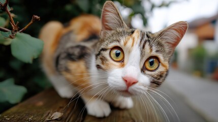 Curious Calico Cat Portrait: Captivating Feline with Striking Eyes and Playful Expression in Natural Outdoor Setting