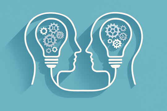 A visual representation of idea exchange and collaboration with two human head silhouettes facing each other, connected by lightbulbs with cogs inside