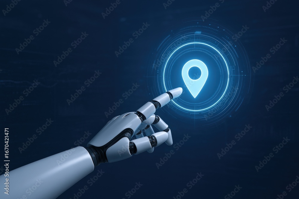Poster robotic hand interacting with glowing location pin interface display for navigation and technology c
