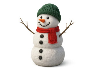 3d snowman wearing green woolen hat and red scarf on transparent background