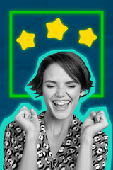 Vertical pop poster banner collage of excited manager girl receive best mark stars reputation...