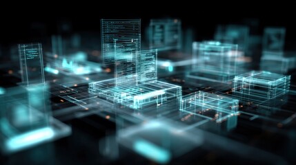 Abstract Digital Cityscape Visualization with Holographic Buildings and Network Connections, Representing Future Technology and Urban Planning