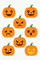 Set of Halloween pumpkins with different funny and scary faces.