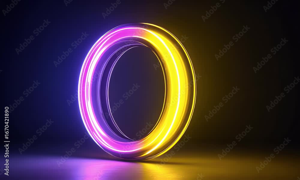 Poster abstract futuristic background with neon glowing lines forming the shape of an o, symbolizing infini