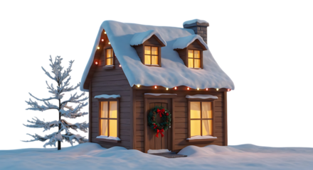 Cozy Snow-Covered Cottage with Christmas Decorations Enveloped in Winter Ambiance