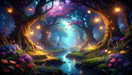 光の粒が舞う幻想の花森 — ランタンと小径が導くドリームフォレスト