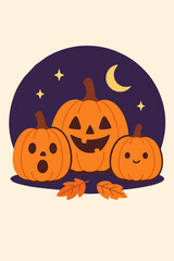 Cute Halloween pumpkins with moon and stars at night.
