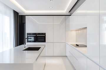 A sleek all-white modern kitchen with hidden appliances and handleless cabinets.