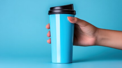 Hand Holding Blue Reusable Cup with Black Lid on a Blue Background for Drinkware Mockup