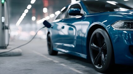 Electric car charging at a station in the city