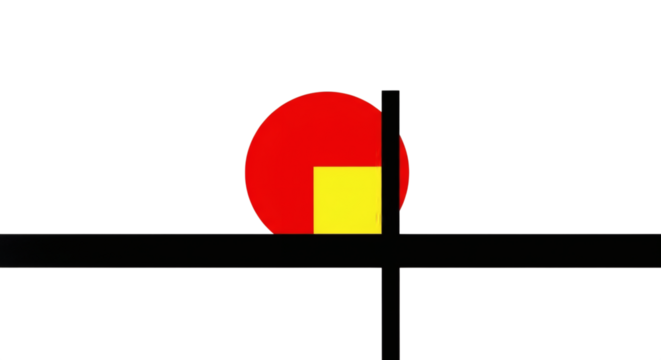 Abstract geometric shapes with red circle and yellow square on black