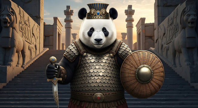 A majestic panda warrior stands guard in an ancient, sun-drenched temple, embodying strength and nobility with his ornate armor, shield, and regal crown