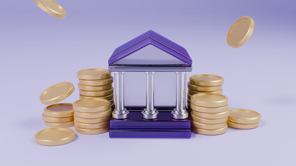 은행 건물과 쌓여 있는 골드 동전 