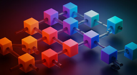 Abstract vibrant network of connected cubes for technology, blockchain, science and modern innovation projects