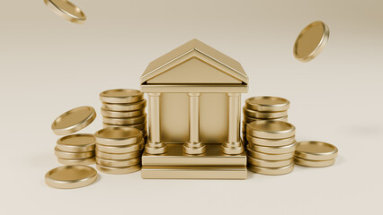금으로 만든 은행 건물과 동전 
